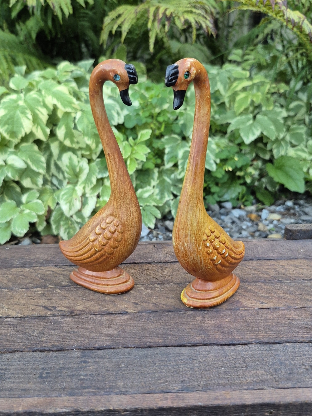 Vintage MCM Faux Wood Swan Figurine Pair 1960s Rhinestone Eyes